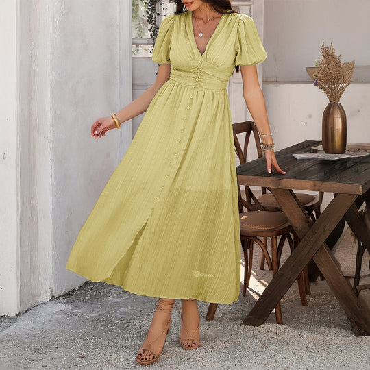 Damen Maxikleid mit V-Ausschnitt und luftigen Puffärmeln EB
