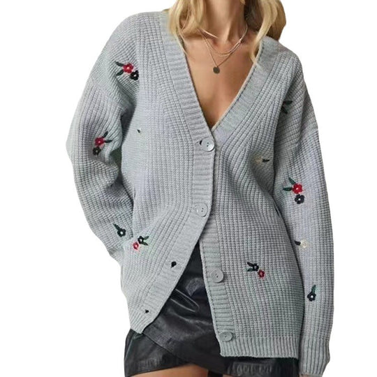 Damen Strickcardigan mit floralen Stickereien EB