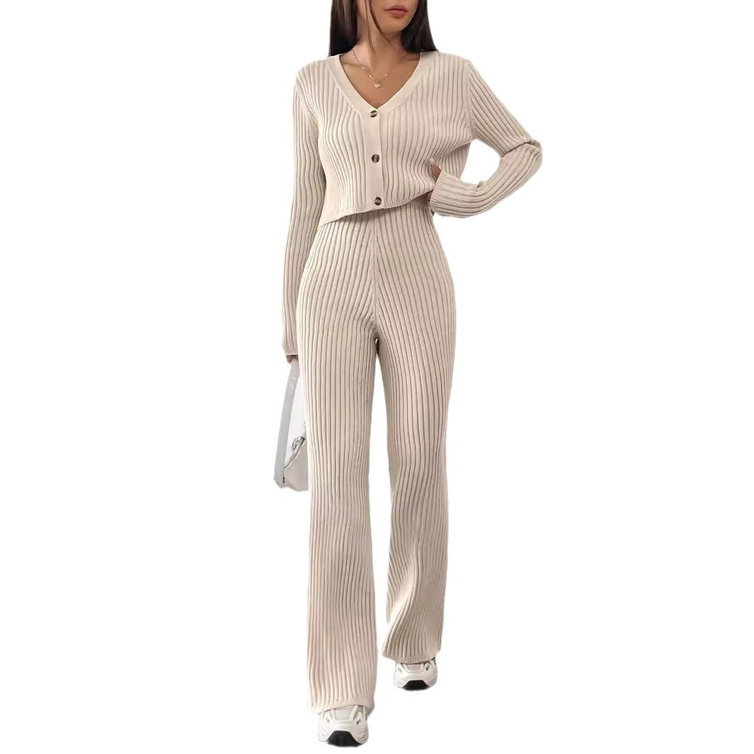 Damen elegantes Rippstrick-Set mit V-Ausschnitt und Knopfdetails EB