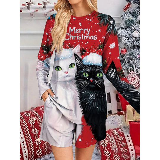 Damen Lustiges Weihnachts-Pyjama-Set mit Katzenmotiv EB