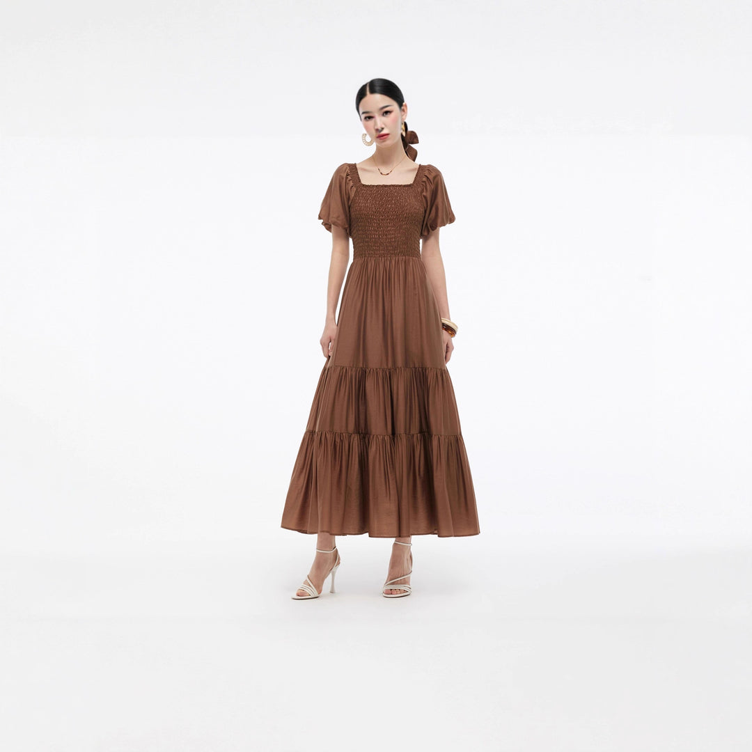 Damen Maxikleid mit voluminösem Rock und Blumenmuster EB