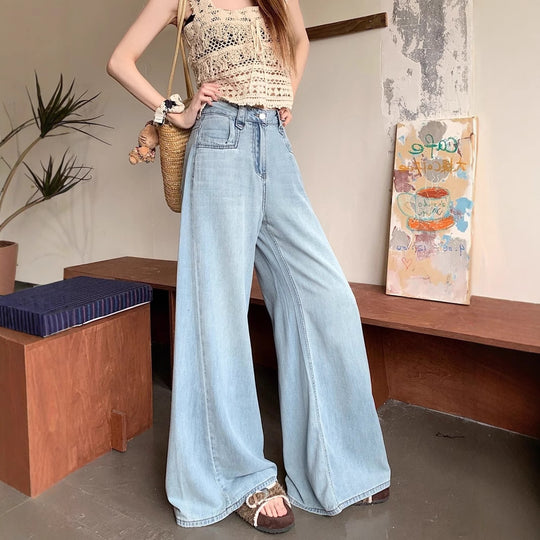 Damen Weit geschnittene Jeans mit hohem Bund und modernen Details EB