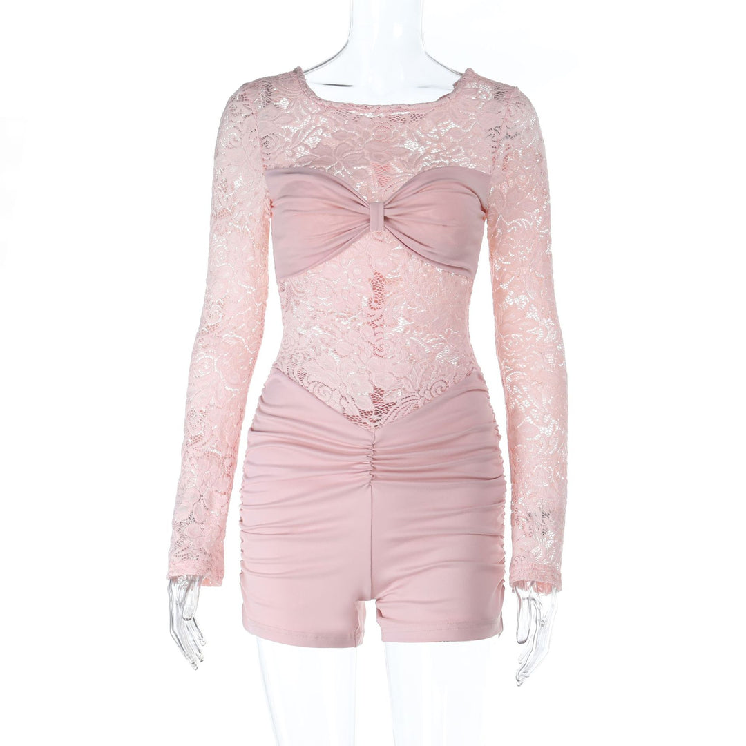 Damen Spitzenbodys mit eleganten Rüschendetails und langen Ärmeln EB