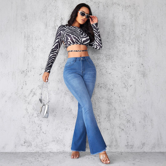 Damen Schlagjeans mit hohem Bund und modischen Fransen EB