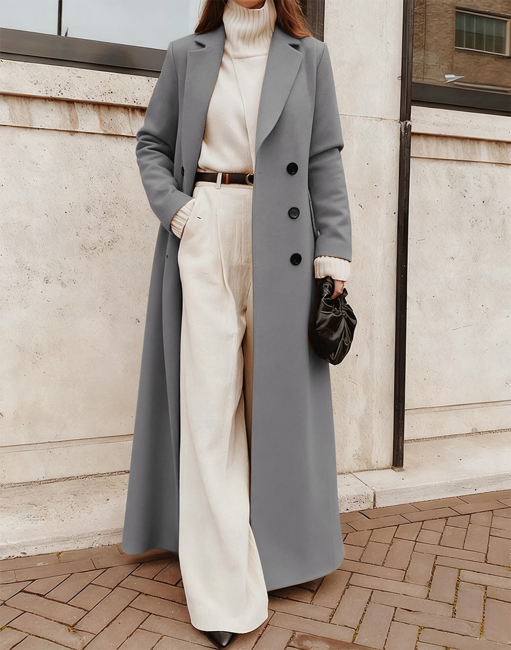 Damen Eleganter Wollmantel mit doppelter Knopfleiste und tiefen Taschen EB