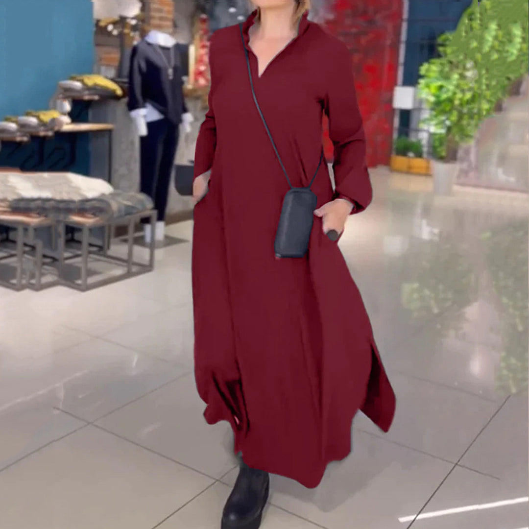 Damen Langarm-Kleid mit praktischen Einschubtaschen und elegantem Stehkragen EB