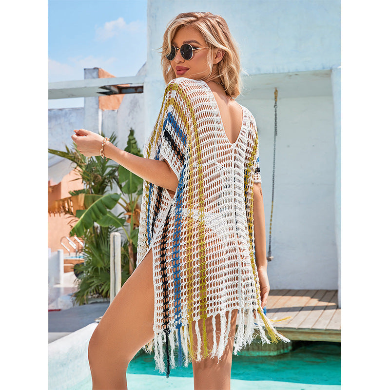 Damen luftiger Häkel-Strandüberwurf mit fransigen Details EB