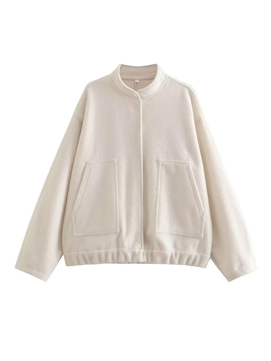 Damen modische Oversized-Jacke mit Stehkragen und seitlichen Taschen EB