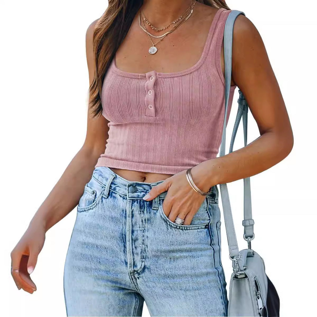 Damen figurbetontes Tanktop mit Knopfdetails und Rippenstruktur EB