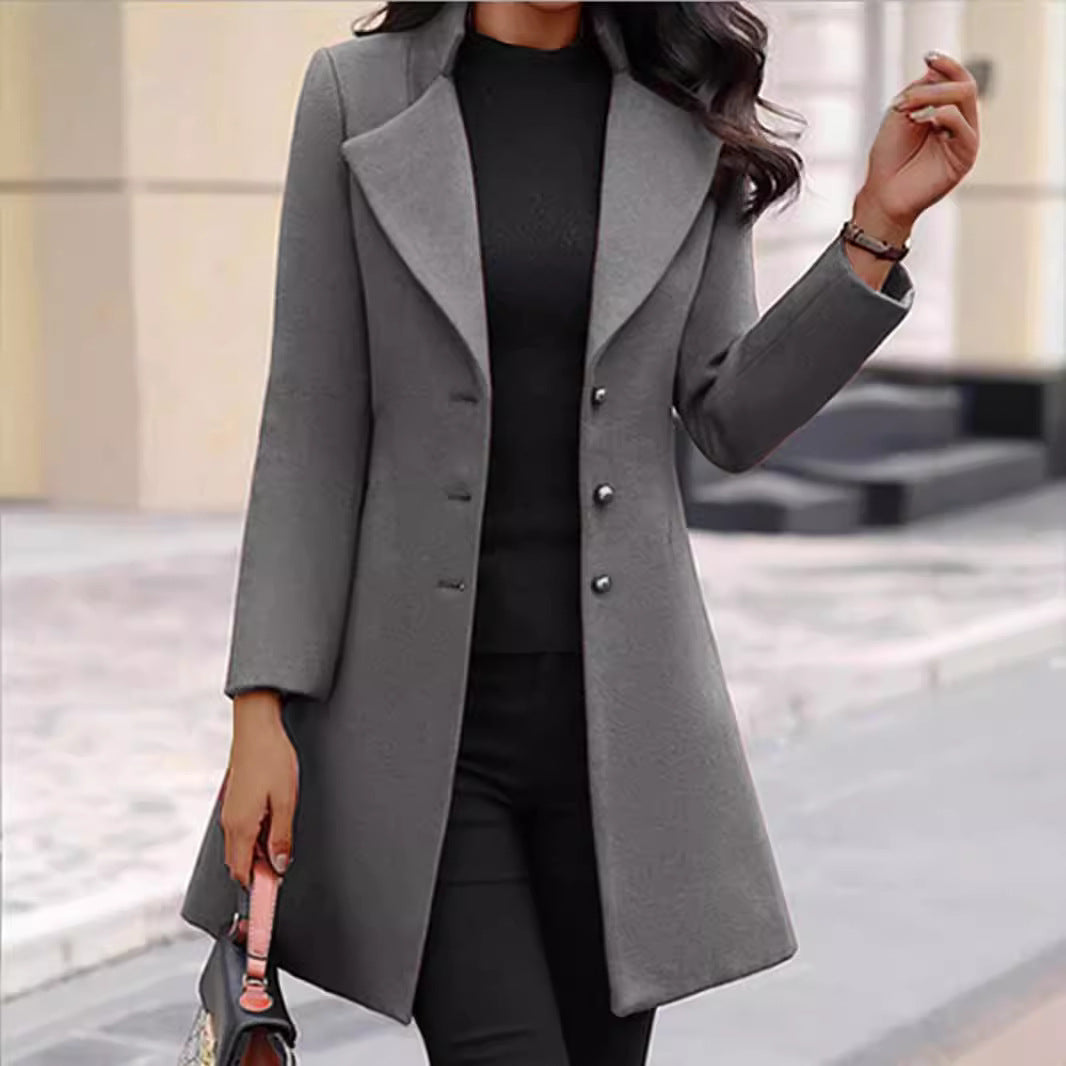 Damen zeitloser Wollmantel mit stilvollem Revers und eleganter Knopfleiste EB