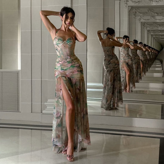 Damen Elegant und fließendes Maxikleid mit floralem Motiv EB