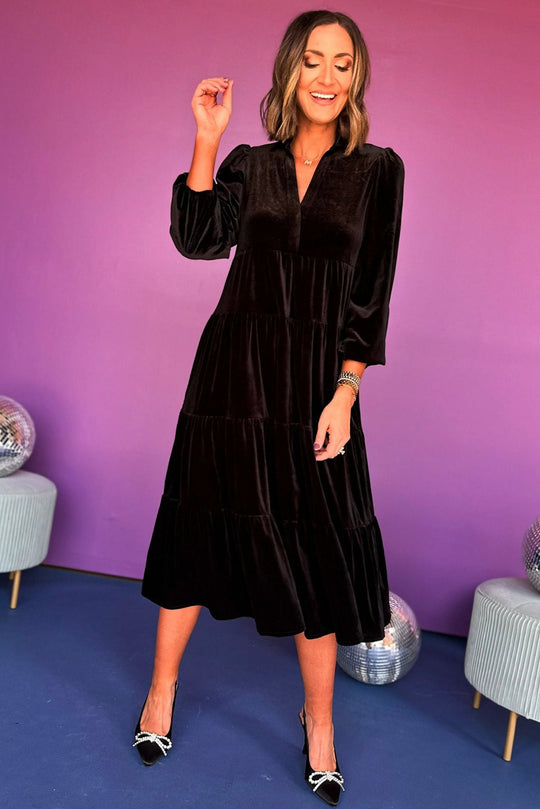 Damen elegantes Maxikleid aus samtigem Material mit großzügigen Rüschendetails EB