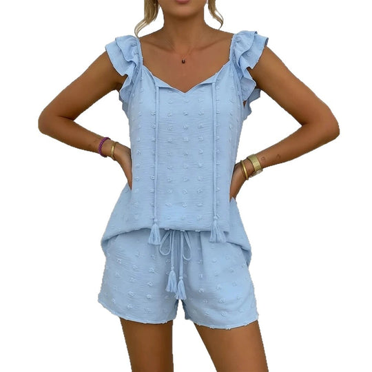 Damen luftiges Freizeit-Set mit Rüschen und Kordelzug EB