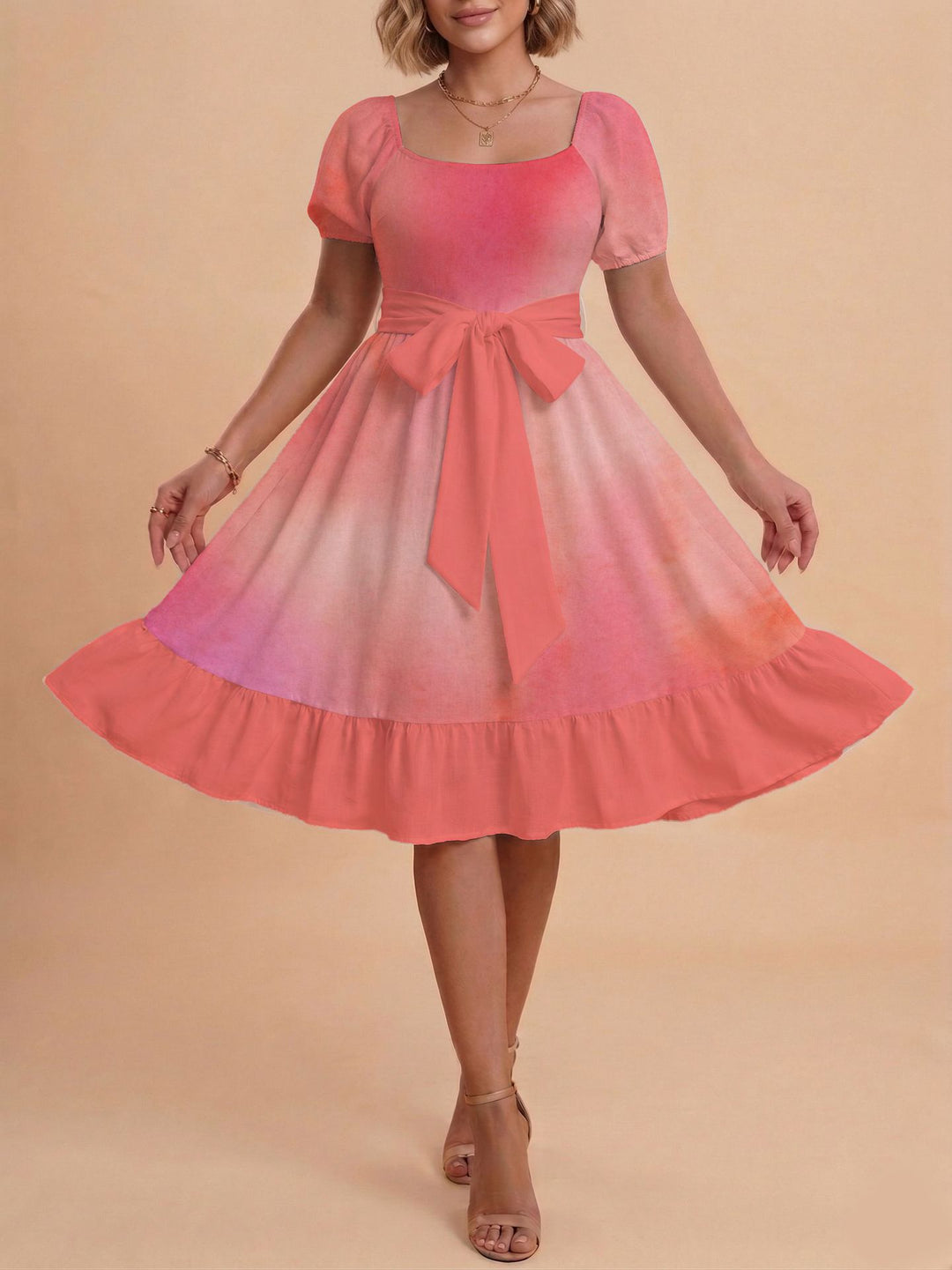 Damen Retro Maxikleid mit Puffärmeln und Taillengürtel EB