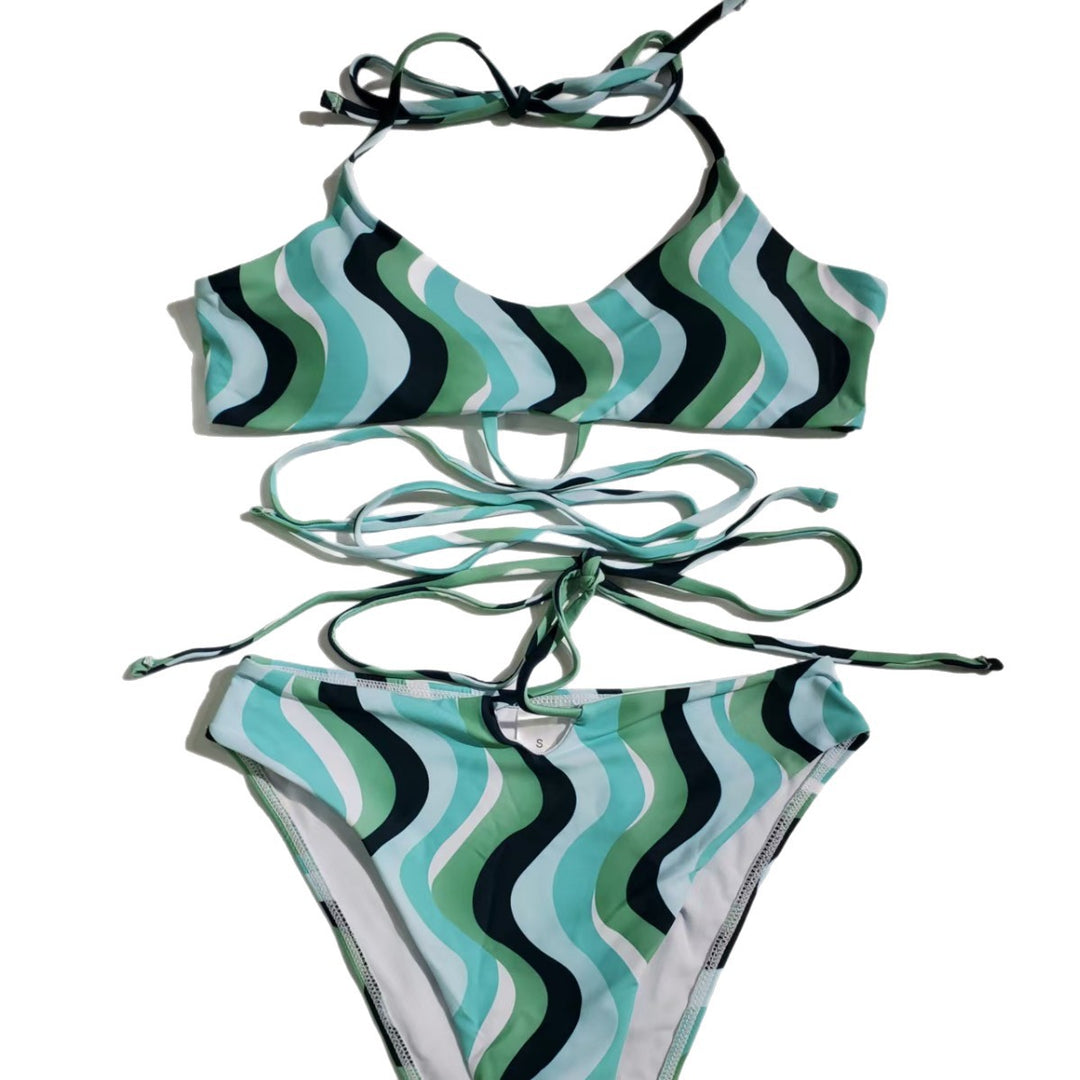 Damen Hoch geschnittener Bikini mit raffiniertem Wellenmuster EB