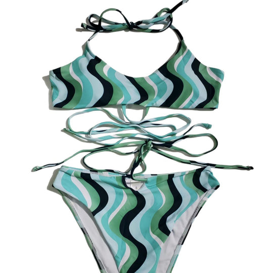 Damen Hoch geschnittener Bikini mit raffiniertem Wellenmuster EB