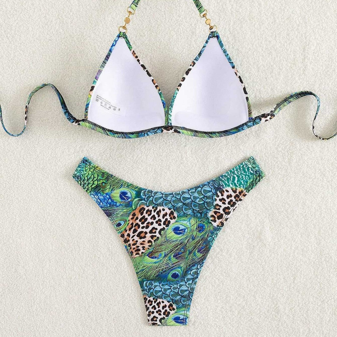 Damen Triangel-Bikini mit lebendigem Tier- und Pfauenmotiv EB
