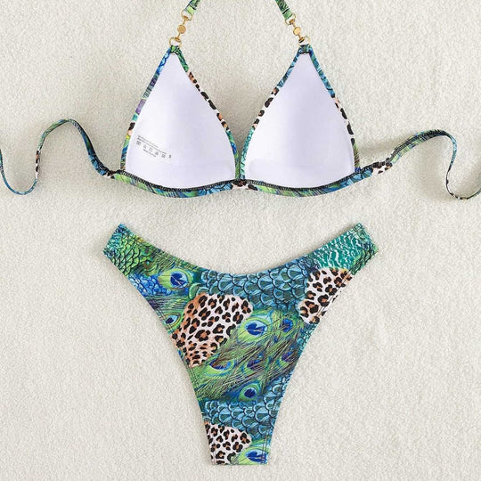 Damen Triangel-Bikini mit lebendigem Tier- und Pfauenmotiv EB