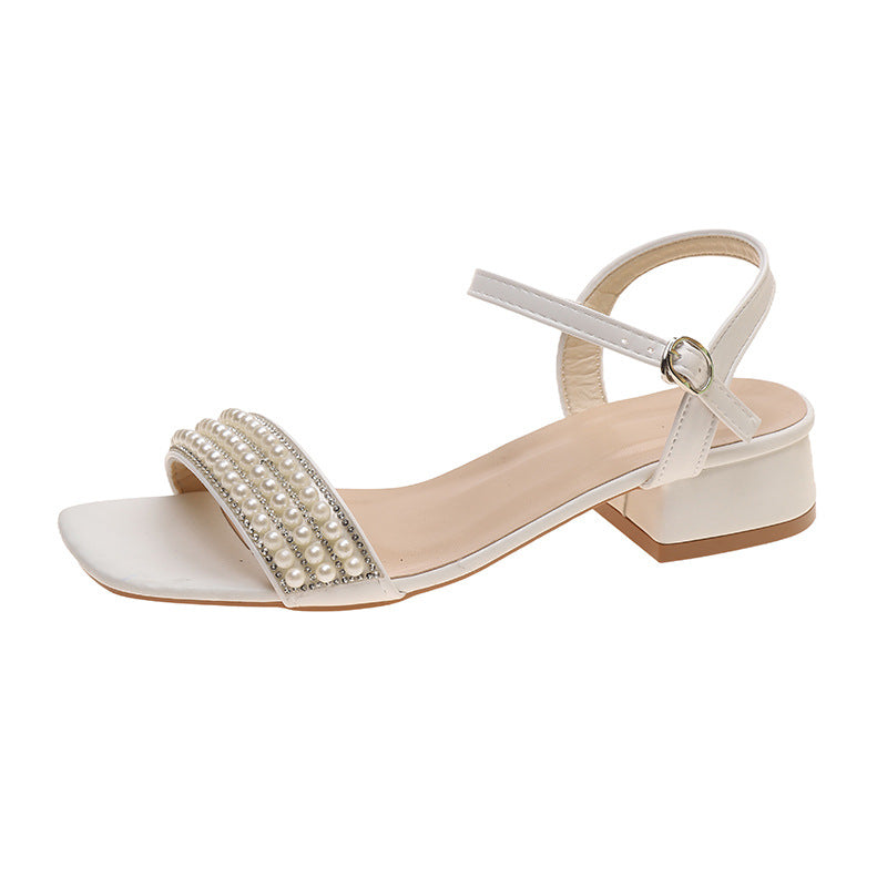 Damen elegante Sandalen mit Perlenverzierung und niedrigem Blockabsatz EB