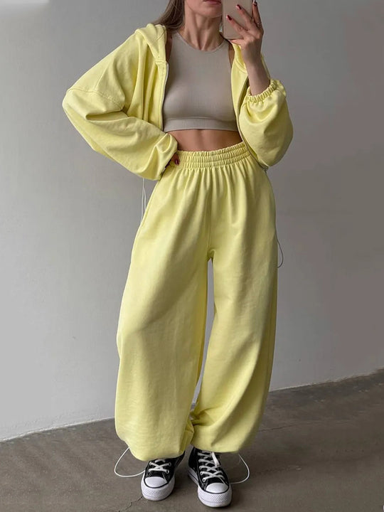 Damen nan kurzes Reißverschluss-Cropped-Hoodie und weitgeschnittene Highwaist-Loungehose Set EB