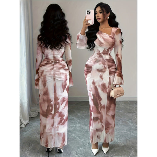 Damen Elegantes Langarm-Maxikleid mit raffiniertem Drapé und figurbetontem Schnitt EB