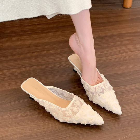 Damen Elegante Mules mit floralem Rosen-Design und modischem Absatz EB