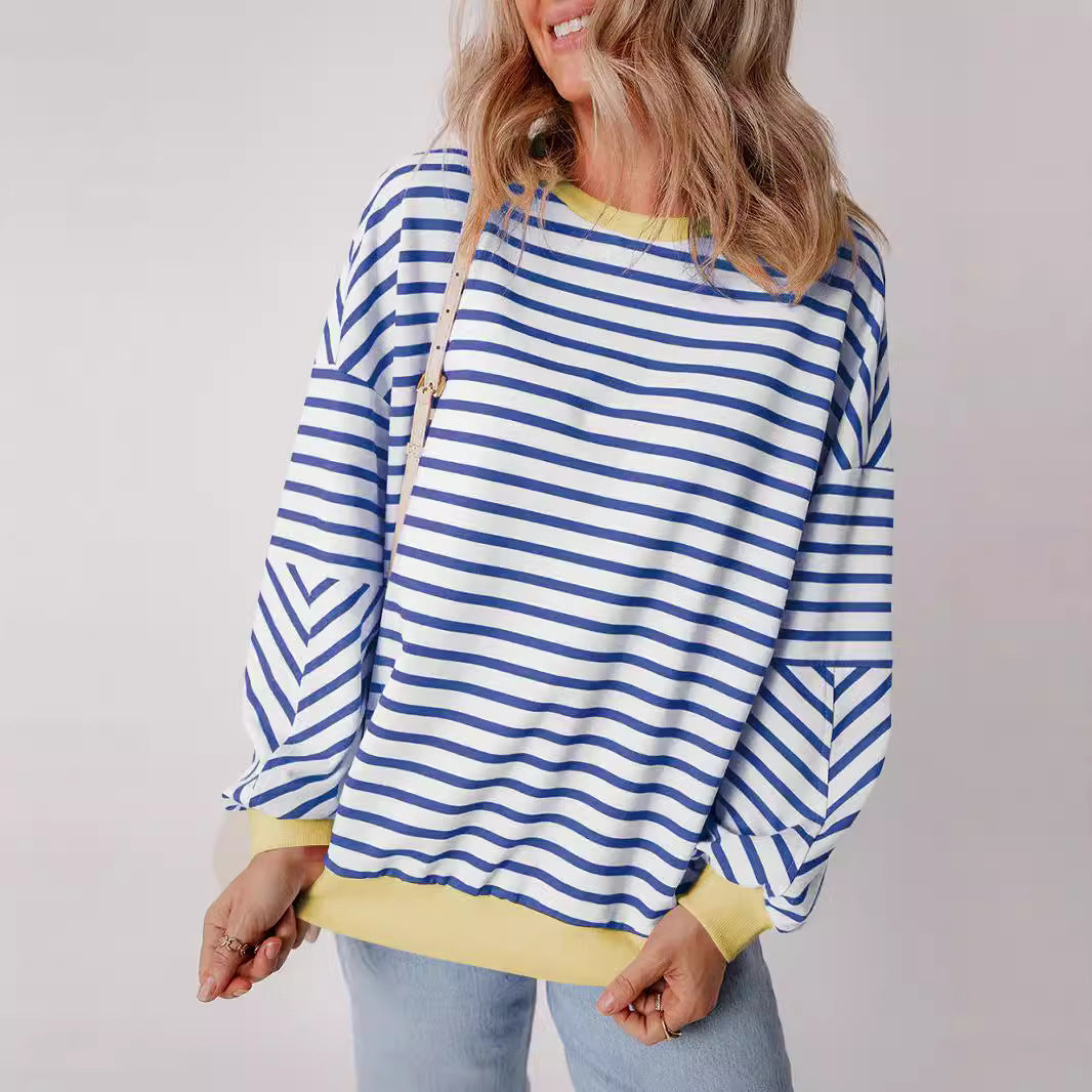 Damen lässiges gestreiftes Sweatshirt mit Boxy-Schnitt und kontrastierenden Abschlüssen EB