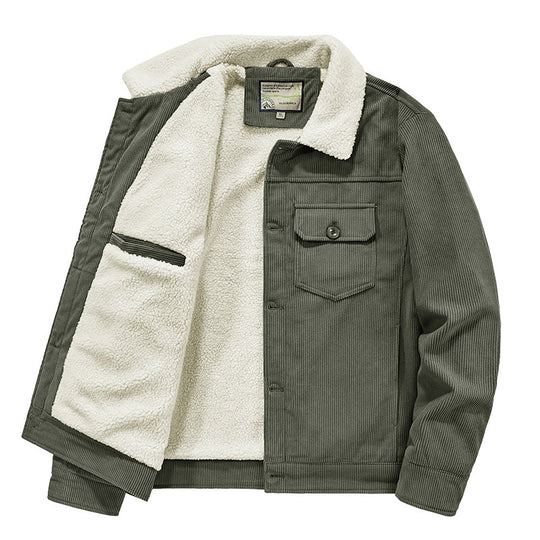Herren Feincord‑Truckerjacke mit durchgehendem Sherpa‑Innenfutter und aufgesetzter Klappentasche EB