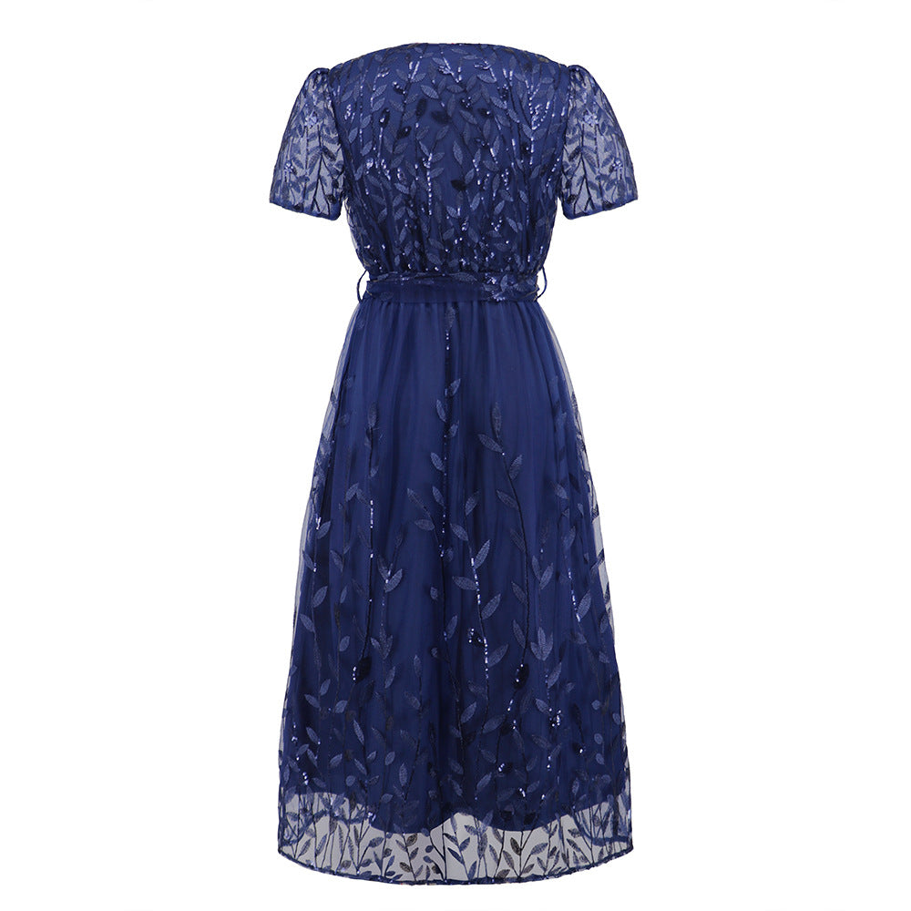 EB | Kurzärmliges Kreuz V-Ausschnitt Gürtel Midi Kleid