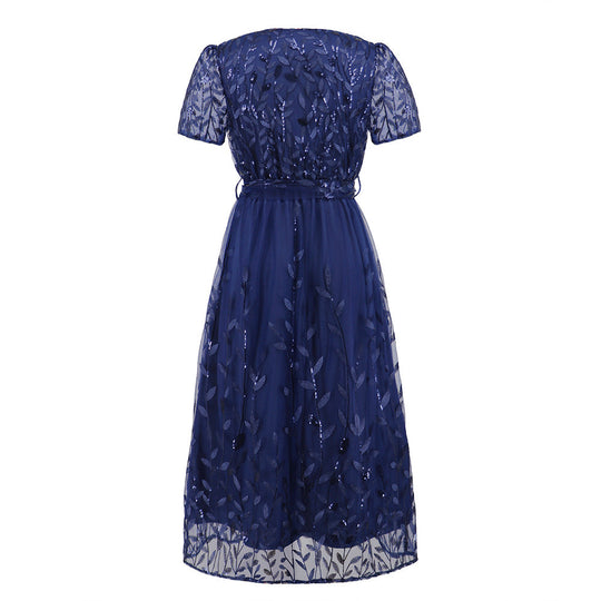 EB | Kurzärmliges Kreuz V-Ausschnitt Gürtel Midi Kleid