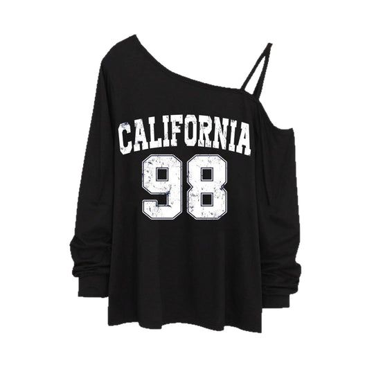 Damen nan lässiges One-Shoulder Sweatshirt mit Zierträgern und Vintage College-Print EB