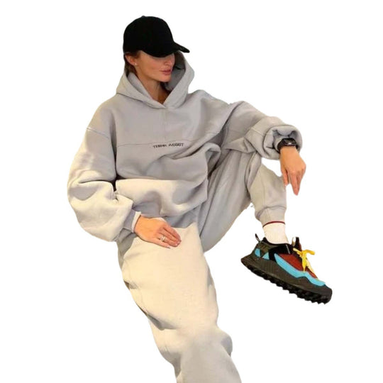 Damen Oversized Kapuzenpullover mit Statement-Print und elastischer High-Waist Jogginghose Set EB