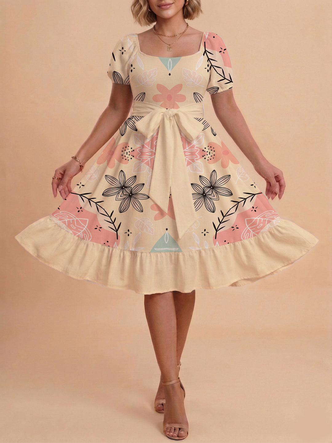 Damen Sommerkleid mit floralem Puffärmel und taillierbarem Gürtel EB