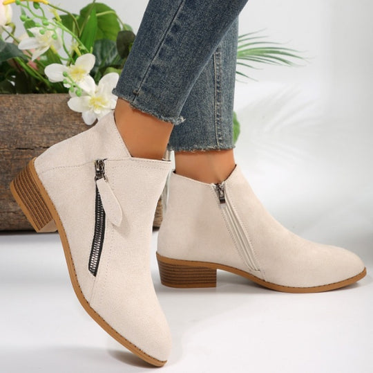 Damen nan klassische knöchelhohe Microvelours-Stiefelette mit seitlichem Reißverschluss und niedrigem Blockabsatz EB