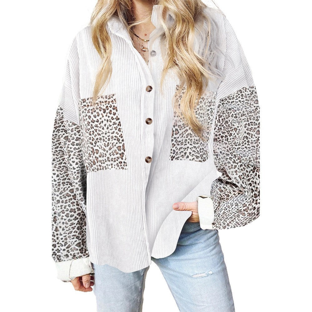 Damen nan oversized Hemdbluse mit Strukturstoff, Kontrastärmeln im Leo-Print und aufgesetzten Taschen EB