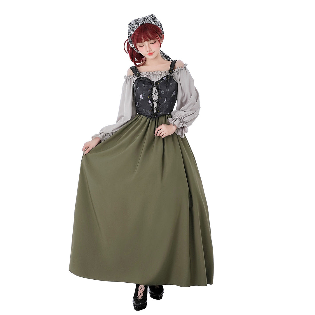 Damen nan Renaissance-inspiriertes Maxikleid mit Schnürkorsett und Carmenärmeln EB