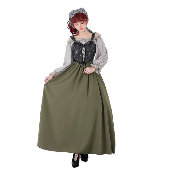 Damen nan Renaissance-inspiriertes Maxikleid mit Schnürkorsett und Carmenärmeln EB