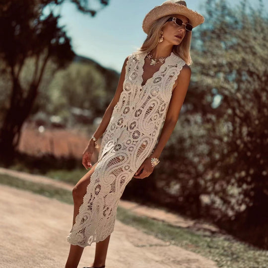 Damen Häkel-Überwurfkleid mit seitlichem Schlitz EB