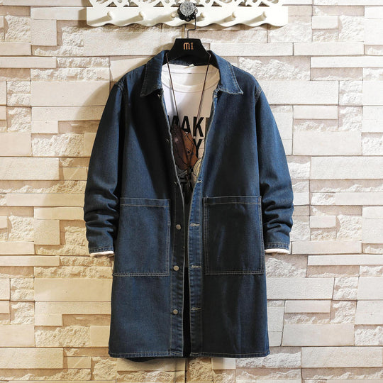 Herren nan langer Overshirt Mantel aus Denim mit Druckknopfleiste und aufgesetzten Taschen EB