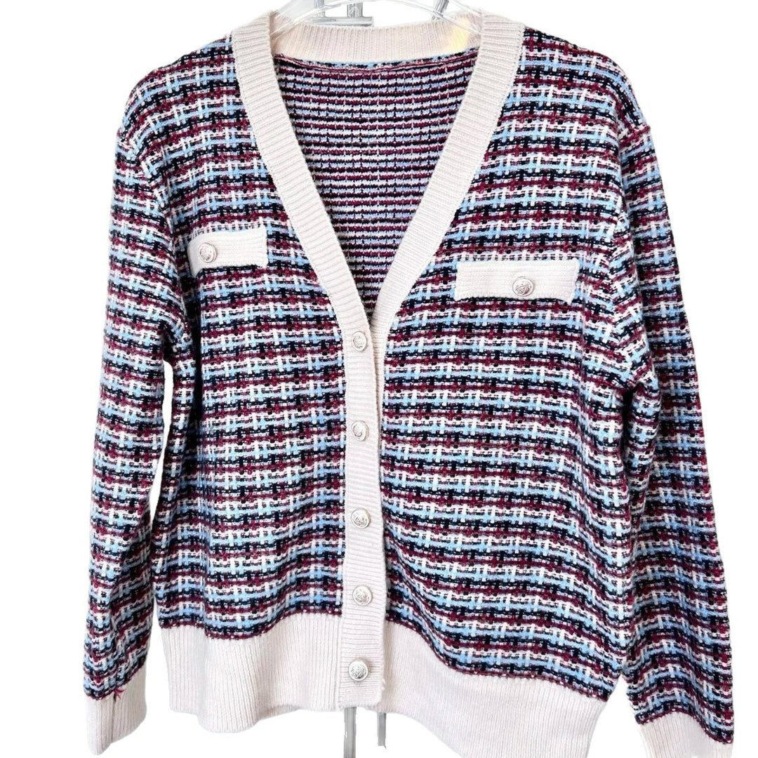 Damen modischer Strickcardigan mit farbenfrohem Muster und Knopfleiste EB