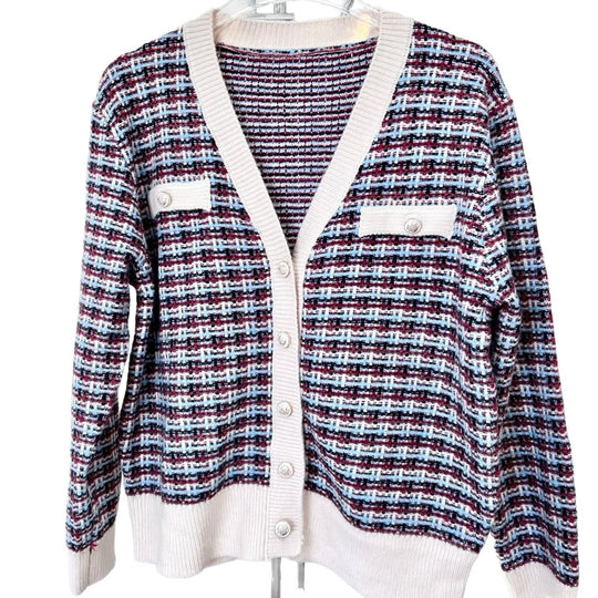 Damen modischer Strickcardigan mit farbenfrohem Muster und Knopfleiste EB