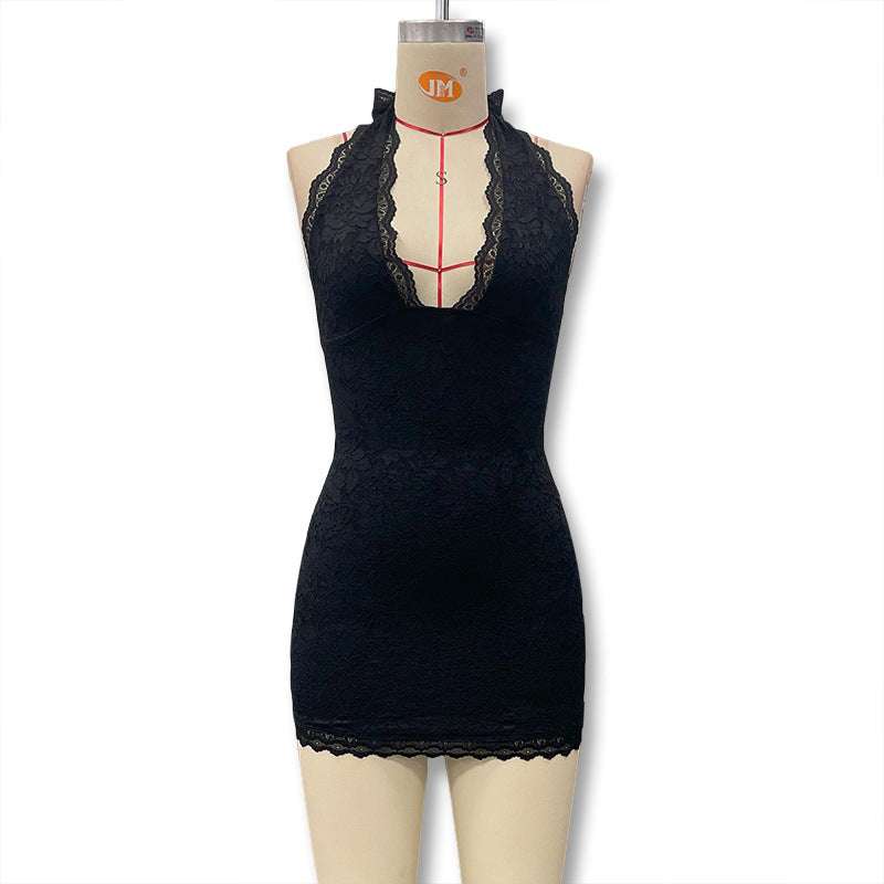 Damen Spitzenkleid mit tiefem Halterneck und figurbetontem Schnitt EB