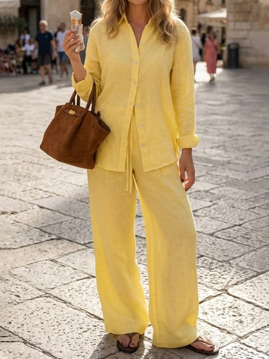 Damen Hochtalige Palazzo-Leinenhose mit weitem Bein und Tunnelzug EB