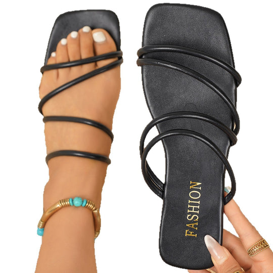 Damen Flache Slides mit eleganten mehrfachen Riemen EB