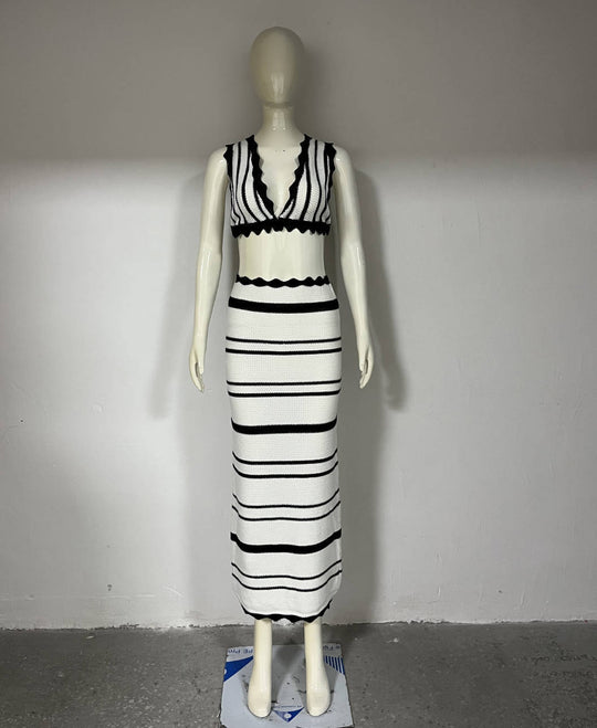 Damen gestricktes Crop-Top und Maxi-Rock Set EB