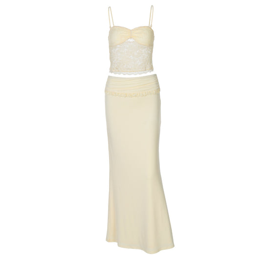 Damen Elegantes zweiteiliges Set mit Spitzenoberteil und schmalem Rock EB