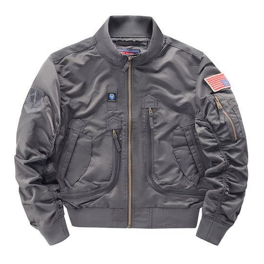 Men's  pilot-style cropped utility flight bomber with multi-zip pockets and ribbed collar EB
