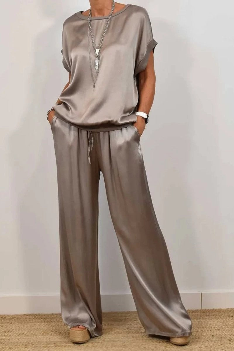 Damen Elegantes Satin Lounge-Set mit weitem Schnitt und lässigem Oberteil EB