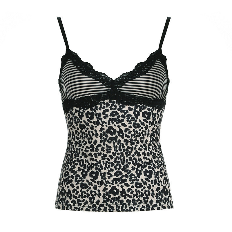 Damen Spaghetti-Trägertop mit elegantem Spitzenbesatz und modernem Leopardenmuster EB