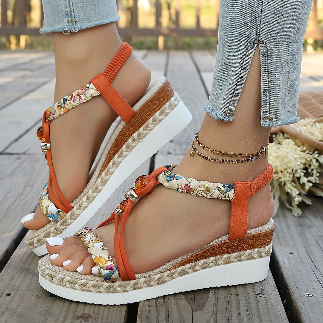 Damen Wedge-Sandalen mit buntem geflochtenem Riemendesign und gepolsterter Sohle EB